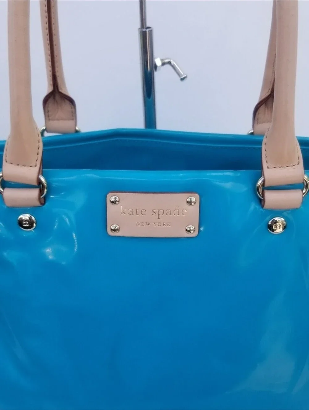 Kate Spade Turquoise Patent Tote Bag Beige Handles Fair Condition